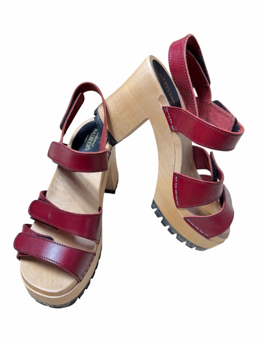 Swedish Hasbeens Burgundy Red Block Wooden Platform Womens 38